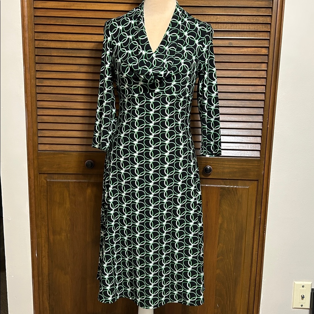 Snap Black, Green & White Circle Pattern Cowl Neck 3/4 Sleeve Dress Size S